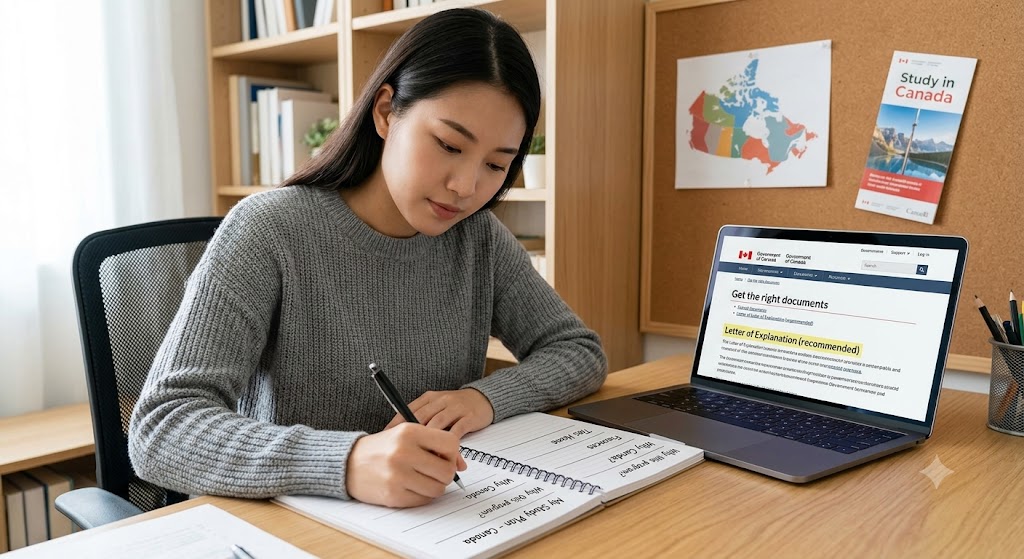 A determined student, wearing a grey sweater, sits at a tidy desk intently writing in her 'My Study Plan - Canada' notebook. Her laptop displays the official IRCC 'Get the right documents' page, and she is cross-referencing the 'Letter of Explanation' section while filling out headers like 'Why Canada?' and 'Finances.'