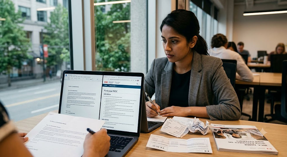 A documentary-style photograph of a young South Asian woman in a grey blazer, focused on her work in a modern office in Vancouver. She sits at a wooden desk with large windows overlooking a city street. On her laptop screen, she is comparing a typed draft of a reference letter with the official Government of Canada 'Find your NOC' webpage. Physical documents, including pay stubs, T4 slips, and an IRCC guide booklet on work experience, are scattered around her laptop, emphasizing the verification process.
