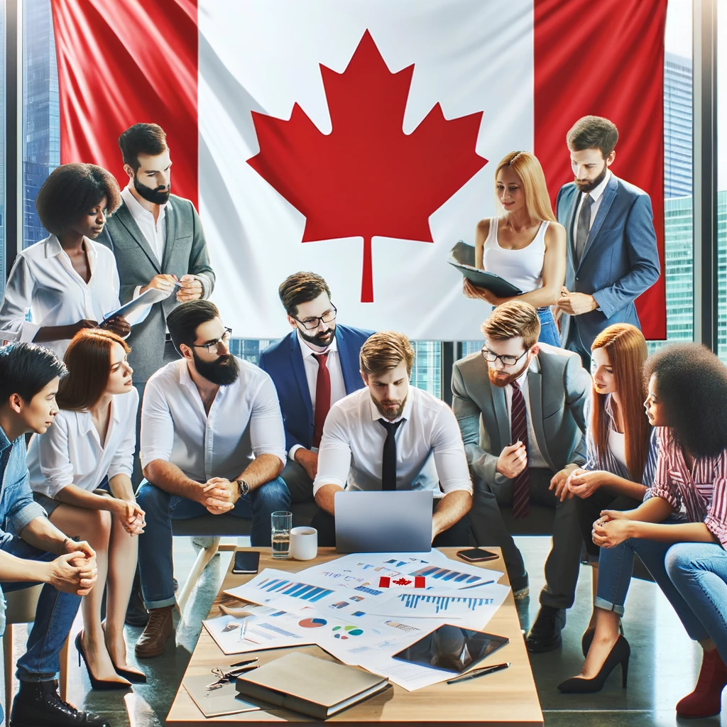 A successful entrepreneur standing confidently in front of their established business in Canada, with a small Canadian flag displayed prominently.