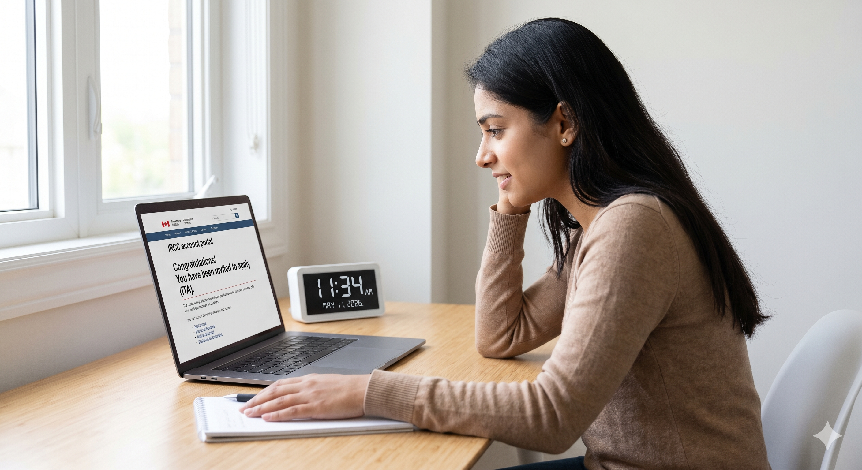 A young woman in a home office smiling and looking at a laptop screen displaying an Express Entry Invitation to Apply (ITA) notification.
