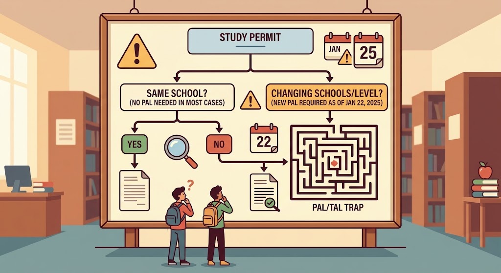 An intricate illustrative flowchart visualized as a branching decision path. The main question is, "DO YOU NEED A NEW PAL?" Two distinct paths emerge: the 'YES (Same School/Level)' path is straightforward with checkmarks leading to approval, while the 'NO (Changing Schools/Level)' path is a complex, confusing maze labeled "PAL TRAP" leading to a "REFUSAL" warning. A small sign indicates "AS OF JAN 22, 2025." Students are depicted navigating the path.