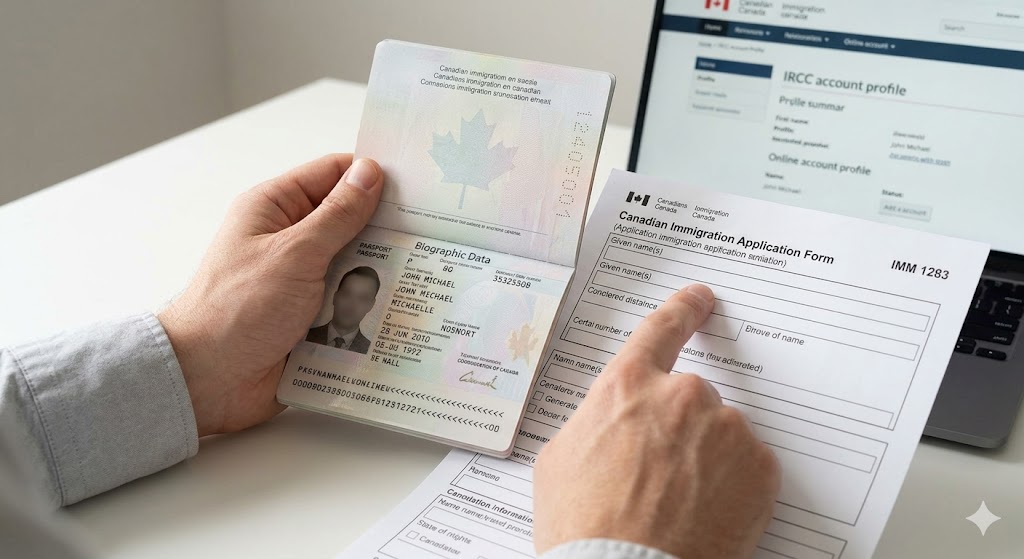 A close-up photograph of hands on a desk, comparing an open passport's 'Given Name' section (showing 'JOHN MICHAEL') with the matching 'Given name(s)' input box on a physical Canadian IMM 1283 immigration form. A finger points precisely to the correct data entry point.