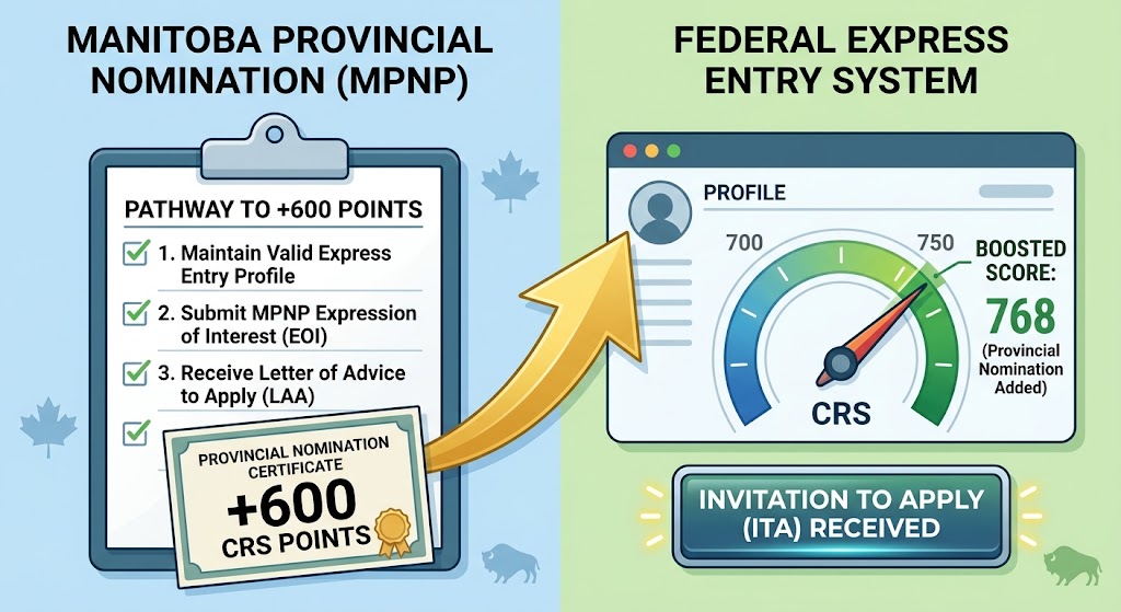 A split-screen infographic illustrating the Manitoba-to-Express-Entry strategy. The left panel shows the MPNP process checklist resulting in a nomination worth +600 CRS Points. A golden arrow connects it to the right panel, which shows a federal Express Entry dashboard where a boosted CRS score is depicted jumping to 768, followed by a bright notification reading 'INVITATION TO APPLY (ITA) RECEIVED.