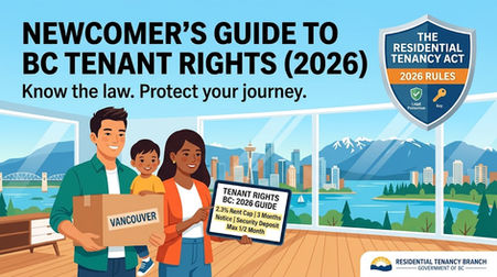 A clean, modern vector illustration serving as a blog cover photo for a guide to tenant rights in British Columbia, specifically for 2026 and targeting newcomers. The main title reads 'NEWCOMER'S GUIDE TO BC TENANT RIGHTS (2026)' with the subtext 'Know the law. Protect your journey.' A diverse family (mother, father, child) smiles inside a Vancouver apartment with expansive windows revealing a view of the city skyline, Burrard Inlet, bridges, and snow-capped North Shore Mountains. The father holds a moving box labeled 'VANCOUVER'. The mother holds a tablet showing 'TENANT RIGHTS BC: 2026 GUIDE' with specific details: '2.3% Rent Cap | 3 Months Notice | Security Deposit Max 1/2 Month'. In the upper right, a large shield graphic states 'THE RESIDENTIAL TENANCY ACT' and '2026 RULES', featuring a 'Legal Protection' checkmark icon and a 'Key' icon. A smaller government logo reads 'RESIDENTIAL TENANCY BRANCH - GOVERNMENT OF BC' at the bottom right.