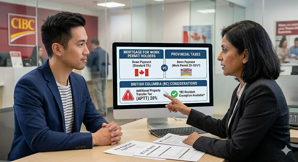 A man sits with a mortgage advisor at a bank desk, reviewing a computer screen that compares mortgage down payment requirements and highlights potential BC provincial property taxes for work permit holders.