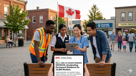 A candid, vertical photograph of two diverse Canadian temporary workers (a woman of Middle Eastern descent and a man of South Asian descent) in local work attire, sharing a moment of shared optimism while looking together at a laptop screen in a community resource center in a smaller town. Text on the laptop screen is partially legible, indicating 'PR Status: Accelerated' under 'In-Canada Workers Initiative'. Bookshelves and a small-town landscape view are in the background.