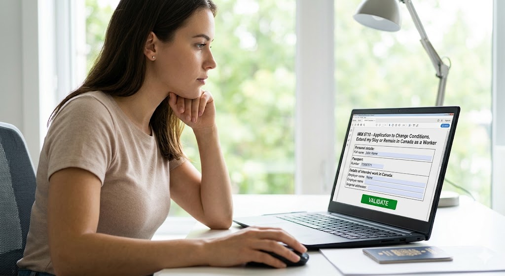 A young woman sitting in a well-lit home office, diligently typing data into a digital Canadian IMM 5710 work permit application form displayed on her laptop screen, with a Canadian passport on the desk beside her.