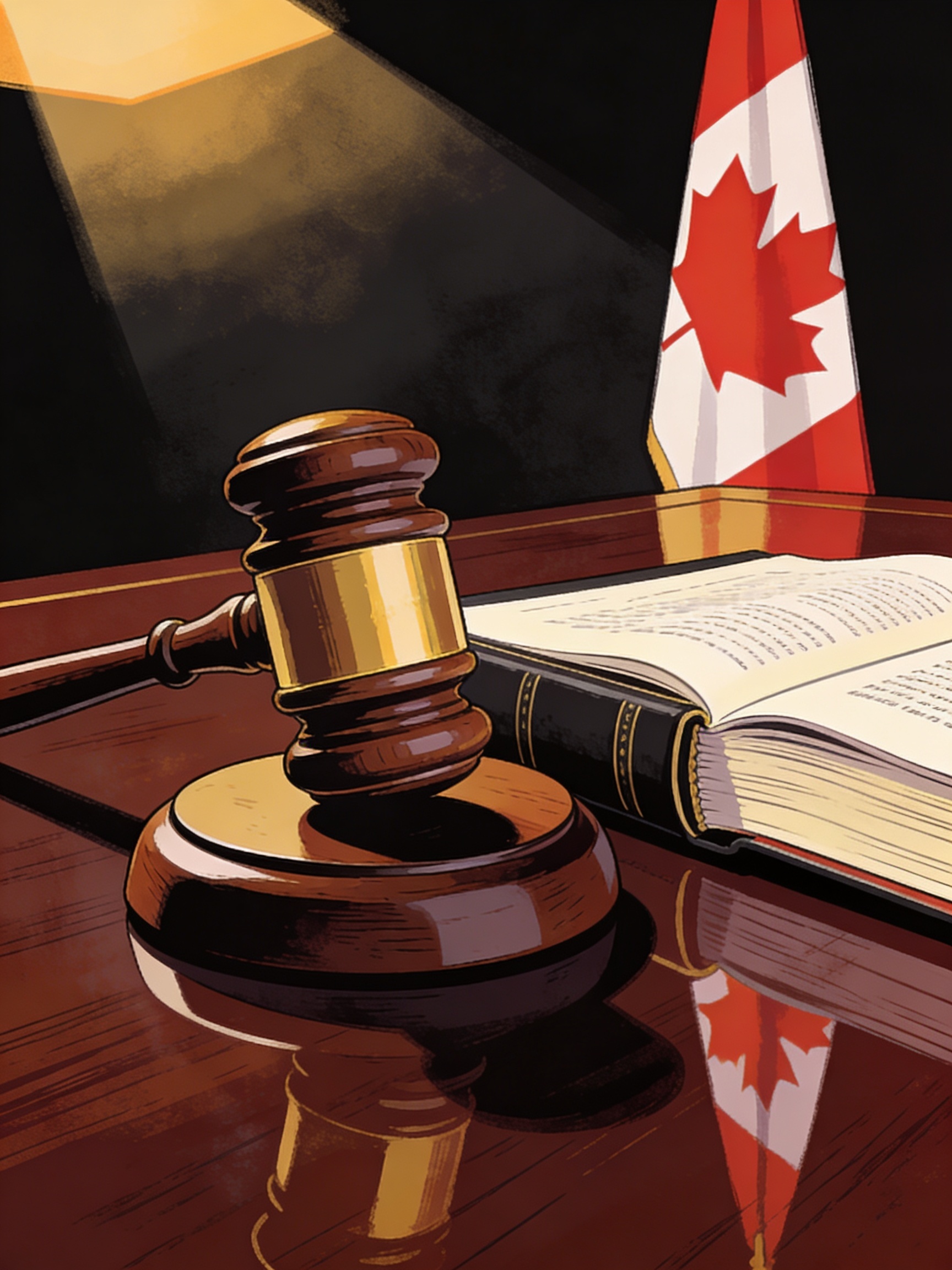 A judge's gavel resting on its sound block beside an open legal binder on a dark wooden desk, representing a Canadian Federal Court immigration ruling.