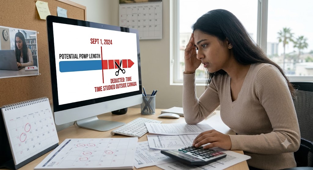 A stressed female international student, seen in her home office outside Canada, anxiously studying a timeline visualization on her computer screen. The screen graphic shows 'Potential PGWP Length' with red deductions for time spent studying outside Canada after September 1, 2024.