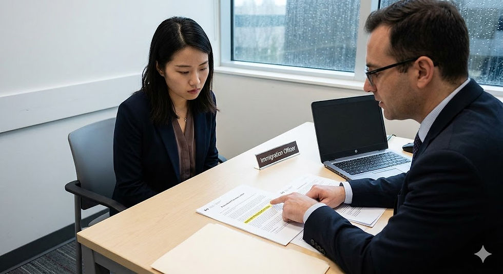 A tense IRCC work permit interview where the officer points to 'Misrepresentation' highlighted on a Procedural Fairness Letter.
