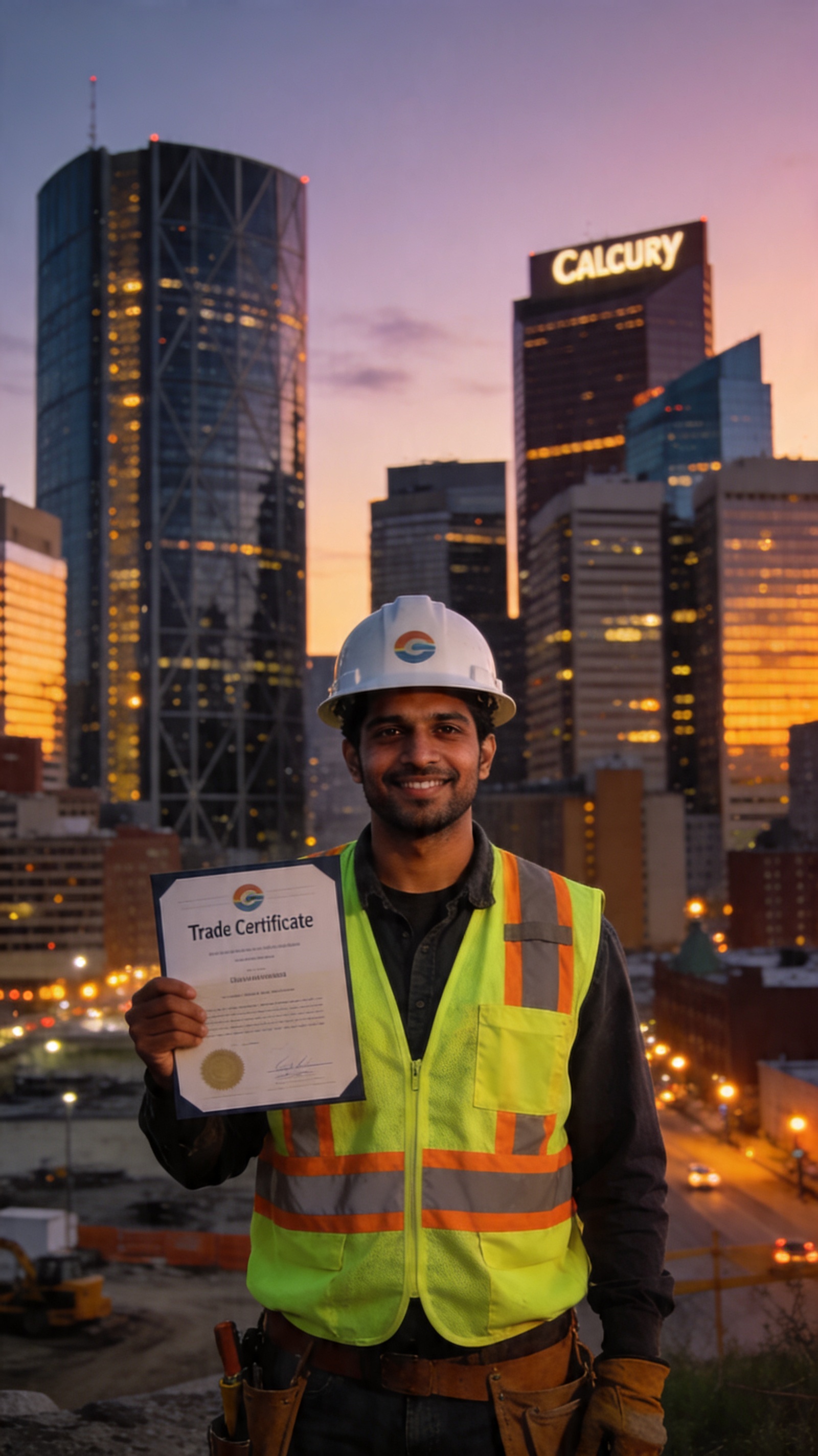 A South Asian male construction tradesperson holding a trade certification diploma and standing in front of the Calgary skyline at dusk