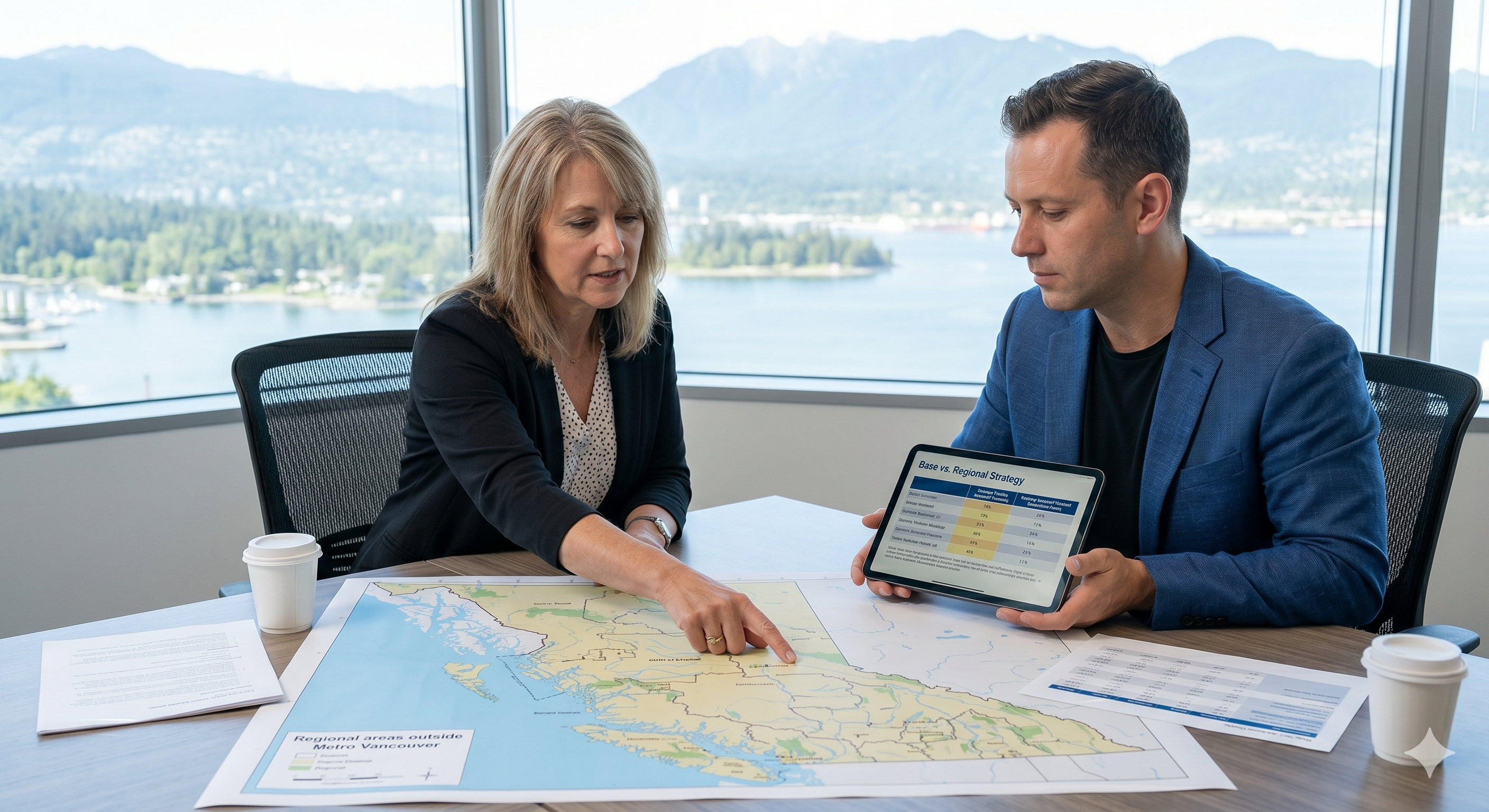 This image illustrates a strategic consultation focused on comparing the Base and Regional streams, specifically exploring location strategy and community referrals outside Metro Vancouver.