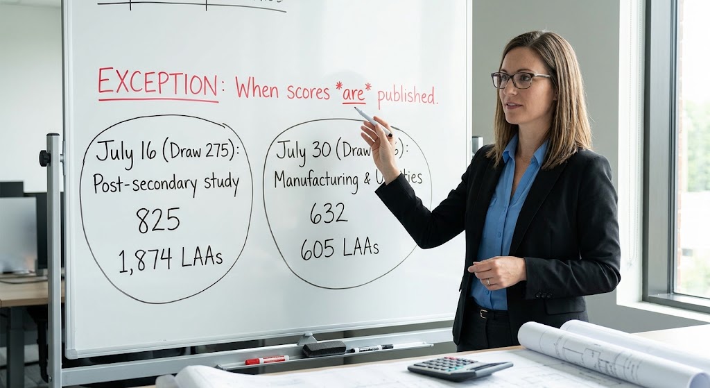 A medium shot of an immigration consultant pointing at a whiteboard. The board clearly displays a data comparison: 'Draw 275 (Post-secondary)' with a score of 825 and 1,874 LAAs, alongside 'Draw 276 (Manufacturing & Utilities)' with a score of 632 and 605 LAAs, illustrating how specific occupation selections can publish a rare cut-off score.