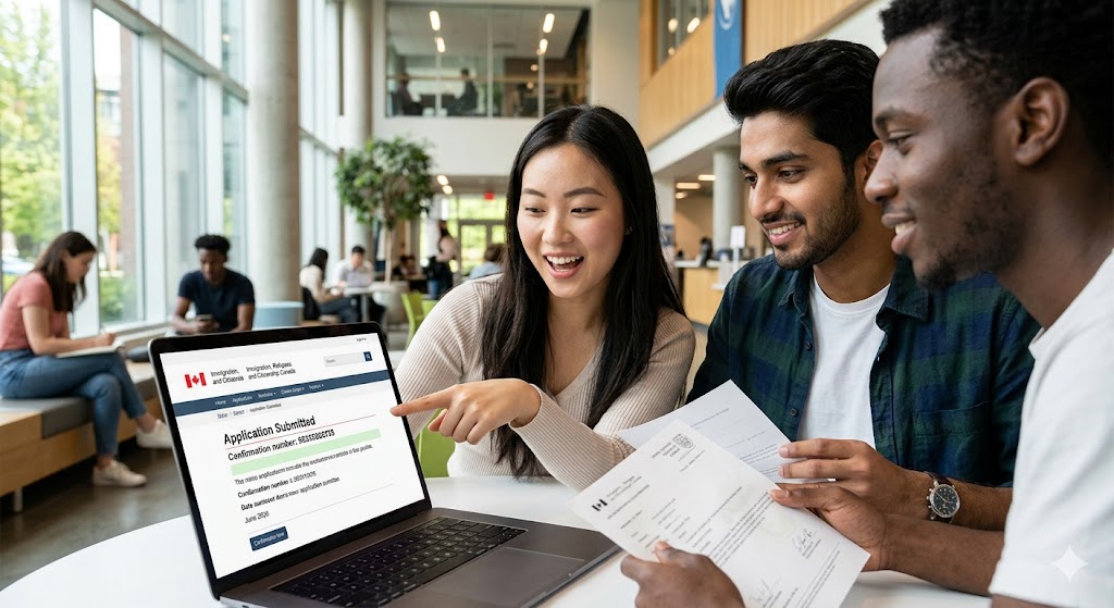This medium close-up photograph captures a collaborative and optimistic scene in a modern campus student center. Three diverse graduates (East Asian woman, South Asian man, and Black man) are gathered around a laptop. The screen clearly displays the IRCC application portal showing the green "Application Submitted" confirmation and the date June 2026. One graduate points excitedly while another holds their physical transcript. This visual reinforces the recommended action: applying online from inside Canada with all documents ready.