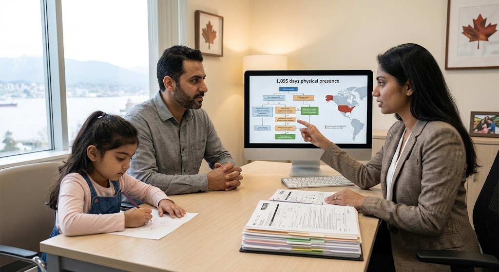 A professional photograph inside a contemporary Vancouver immigration consulting office overlooking a harbour. A female Regulated Canadian Immigration Consultant (RCIC) is pointing at a complex flow chart displayed on a large desk monitor for a South Asian father and his young daughter, both born outside Canada, who are seated opposite her. The consultant is guiding them through the '1,095 days physical presence' requirement. A stack of organized documents is on the desk. The daughter is drawing quietly.