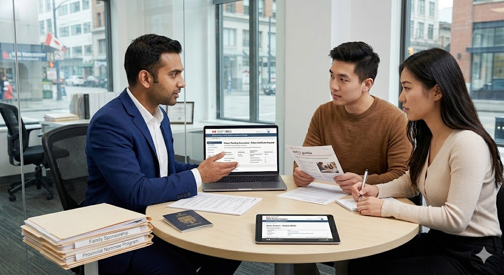 Regulated Canadian Immigration Consultant Amir Ansari reviews an application status on a laptop screen with an East Asian couple during a consultation. A tablet on the table displays the CICC Public Register search results confirming his licensed status.