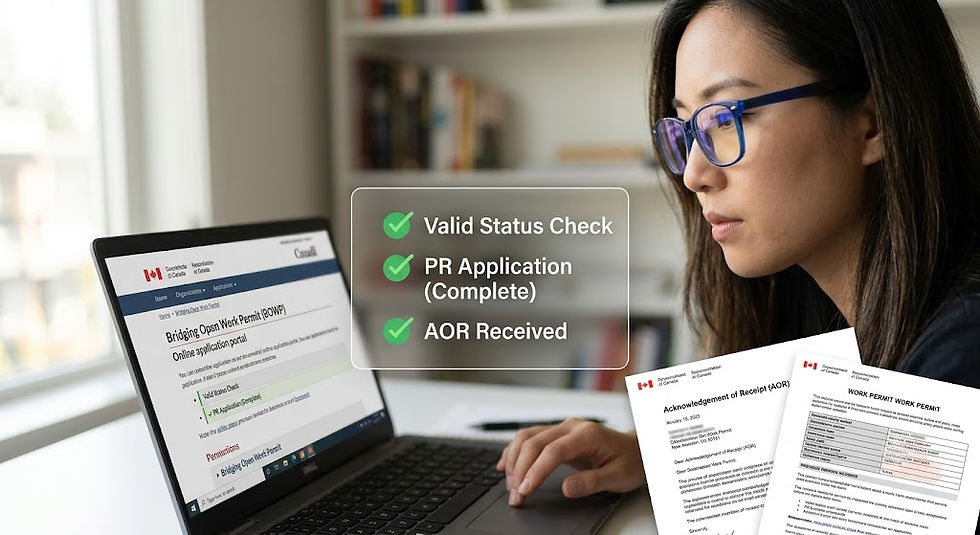 A focused photograph capturing an East Asian woman in a brightly lit professional home office, intensely focused on her laptop screen which displays the IRCC 'Bridging Open Work Permit (BOWP)' application portal. An overlaid transparent checklist with green checkmarks confirms 'Valid Status Check', 'PR Application (Complete)', and 'AOR Received', illustrating the complex documentation process.