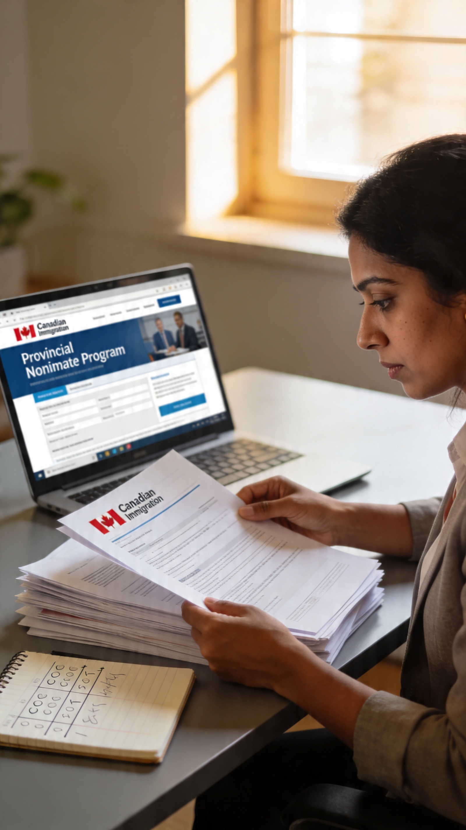 A South Asian woman reviewing Alberta EOI score calculations and Canadian immigration documents at a desk with a laptop