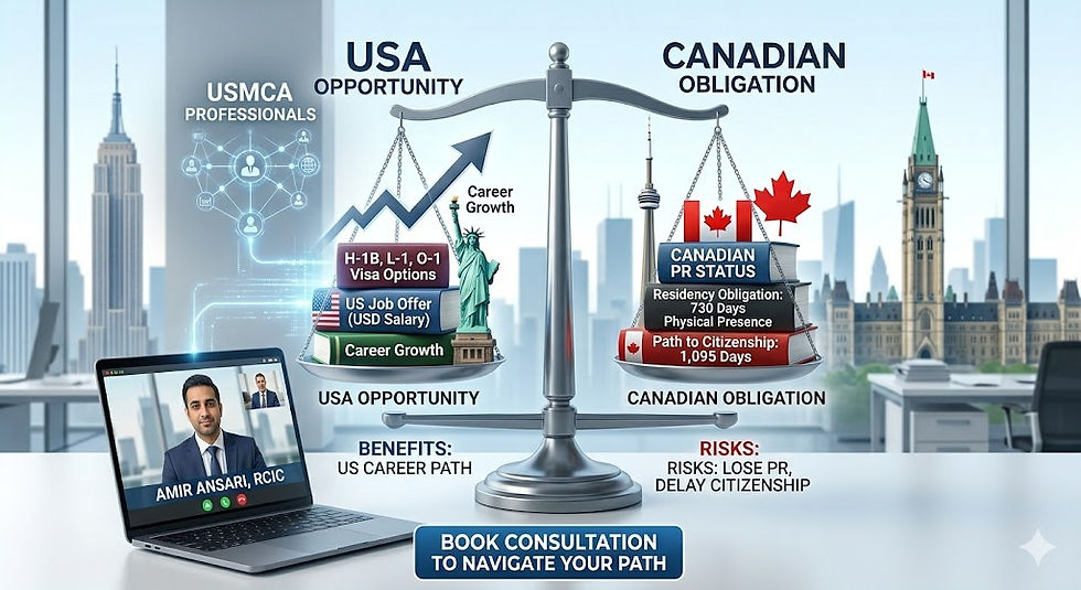 A 3D conceptual infographic set in a modern office with US and Canadian city skylines. A large balance scale compares 'USA Opportunity' (rising career growth, visa options, high salary) on one side against 'Canadian Obligation' (descending graph, residency requirements, path to citizenship) on the other. Text lists associated benefits and risks. In the foreground, a laptop displays a consultant, Amir Ansari, RCIC, and a call-to-action button, 'BOOK CONSULTATION TO NAVIGATE YOUR PATH.'
