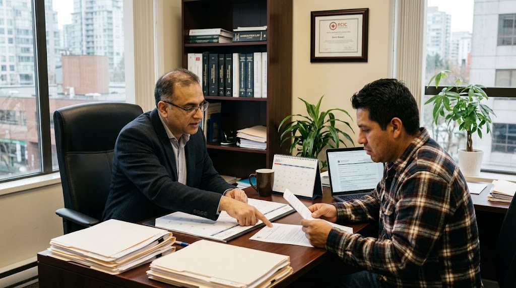 An immigration consultant, Amir Ansari, sits at his desk in a cluttered office in Vancouver, pointing to a document on a desk while explaining options to a worried client who is a male farmworker holding papers. Their meeting is happening near stacks of files, with a laptop, a calendar, and bookshelves in the background.