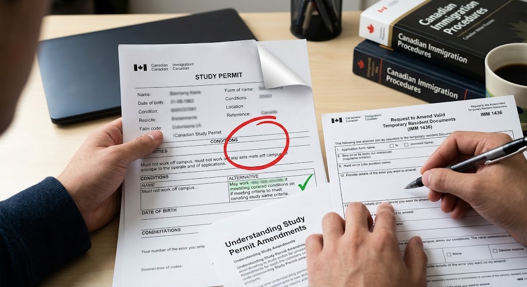 A close-up photograph of hands on a desk filled with immigration documents. One hand holds a Canadian Study Permit, highlighting a highlighted "CONDITIONS" section with a red circle and arrow indicating an error. A pen in the other hand points to the "Request to Amend Valid Temporary Resident Documents (IMM 1436)" form. A small stack of papers shows the title "Understanding Study Permit Amendments." Books on "Canadian Immigration Procedures" are blurred in the background.