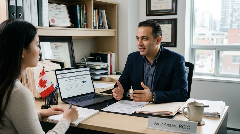 A natural, candid photo of Amir Ansari, RCIC, sitting at his office desk, gesturing as he explains a document to an international student sitting across from him. A laptop on the desk displays the College of Immigration and Citizenship Consultants (CICC) registry. A small Canadian flag, notebooks, paperwork, and a desk nameplate reading "Amir Ansari, RCIC" are visible. Bookcases, framed certificates, and a window with a city view are in the background.