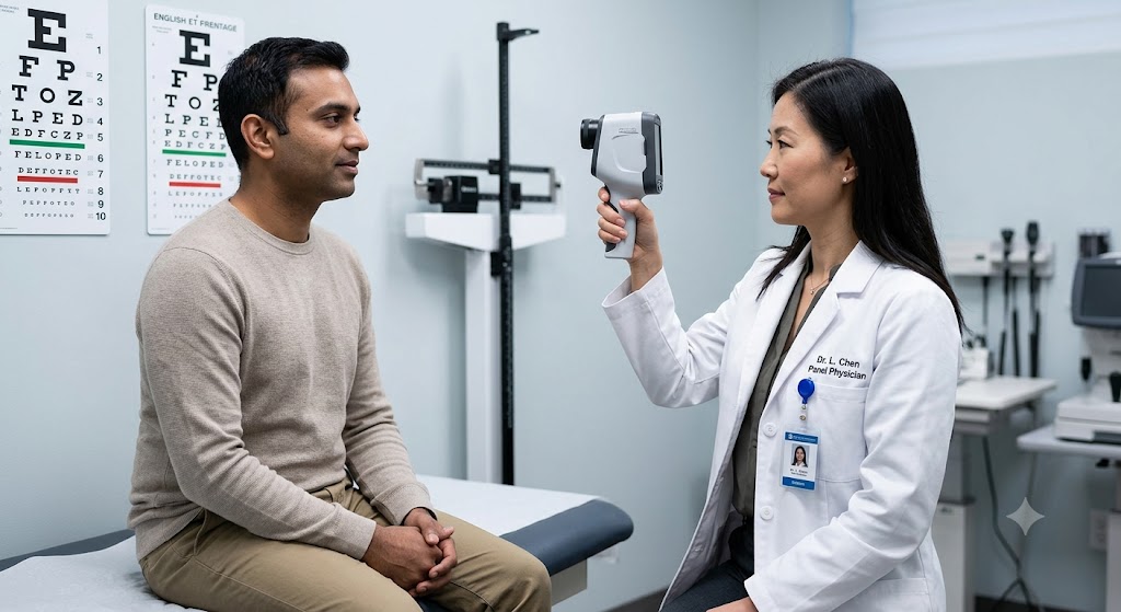 A professional photo taken inside a medical examination room, showing a female doctor of East Asian descent, wearing a white lab coat and a name badge, performing an eye examination on a seated male patient of South Asian descent. The doctor holds a handheld medical device to the patient's eye. He looks toward her. The background includes dual Snellen eye charts (English and French), a medical scale, a height rod, and various medical equipment on counters, illustrating an immigration medical exam being performed by a panel physician.