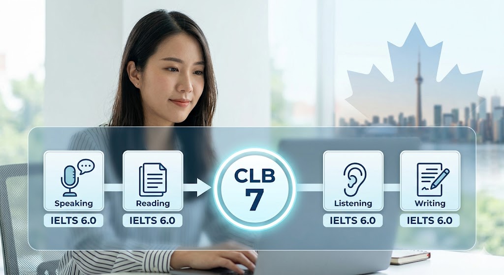 A professional infographic photograph illustrating the connection between specific IELTS scores and CLB 7. Four icons for 'Speaking,' 'Reading,' 'Listening,' and 'Writing' are each marked with 'IELTS 6.0'. Arrows point from these scores to a glowing central circle that reads 'CLB 7', signifying that a 6.0 in each section is required to meet the benchmark. An optimistic East Asian woman is in the background, with a blurred view of a Canadian skyline and a Maple Leaf graphic.