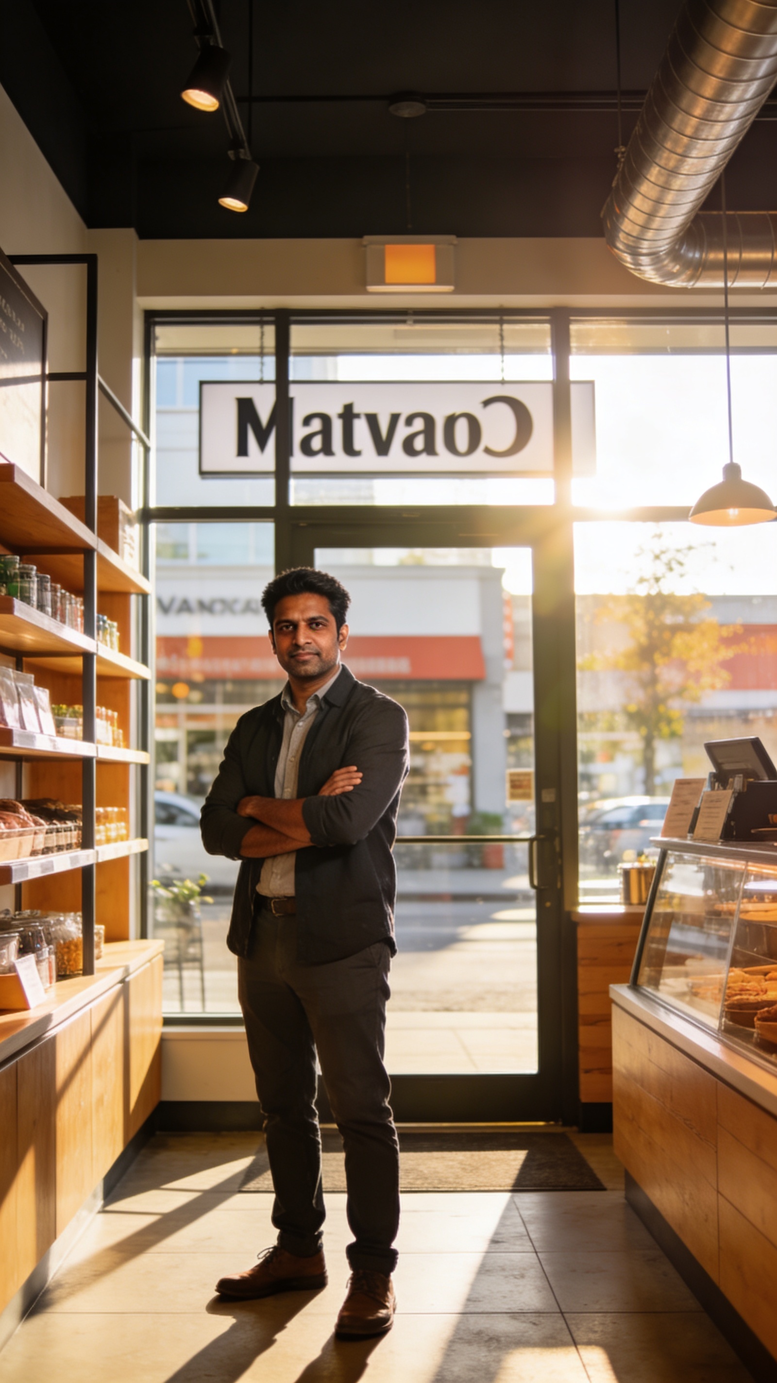 An entrepreneur standing confidently inside a modern small business storefront in Vancouver, British Columbia, representing the BC PNP Entrepreneur Immigration Base stream