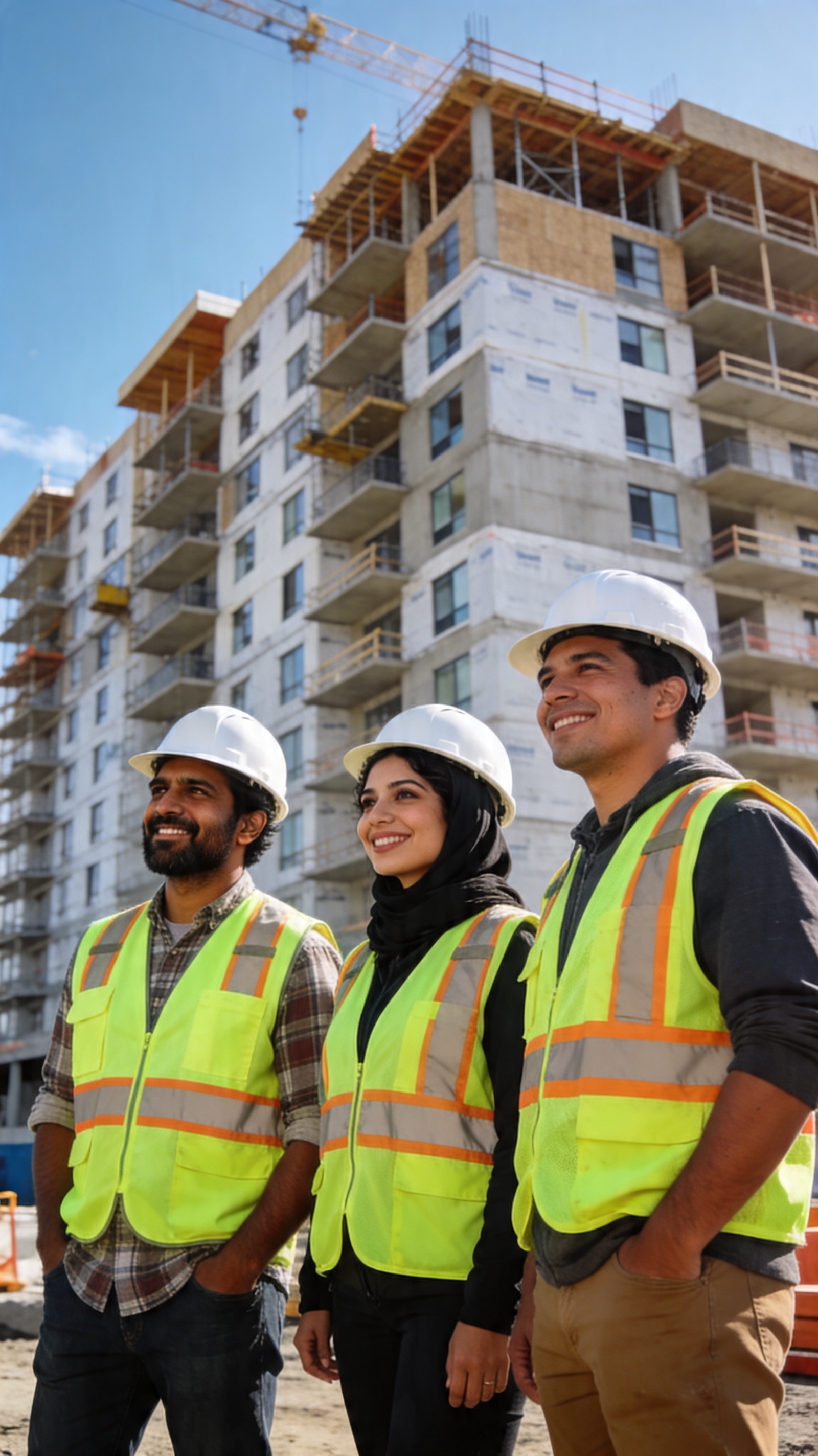 A diverse group of three immigrant construction workers in hard hats and hi-vis vests smiling confidently together on an Alberta job site