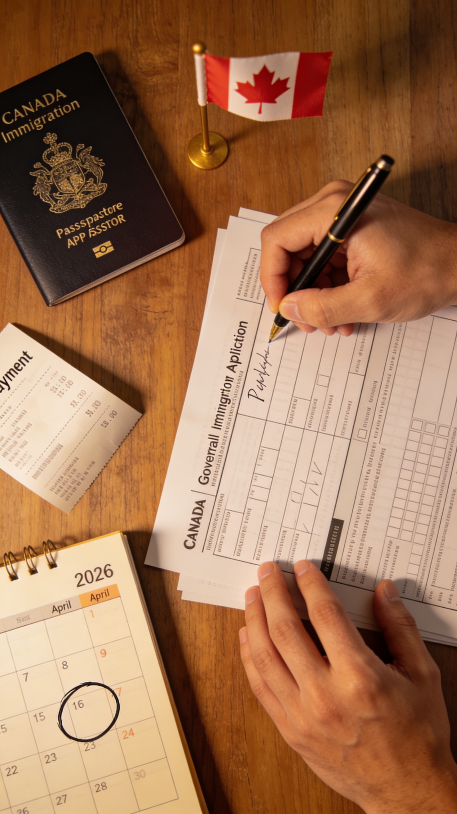 Close-up of hands filling out a Canadian permanent residence application form beside a calendar with the April 30 2026 fee deadline circled and a Canadian passport