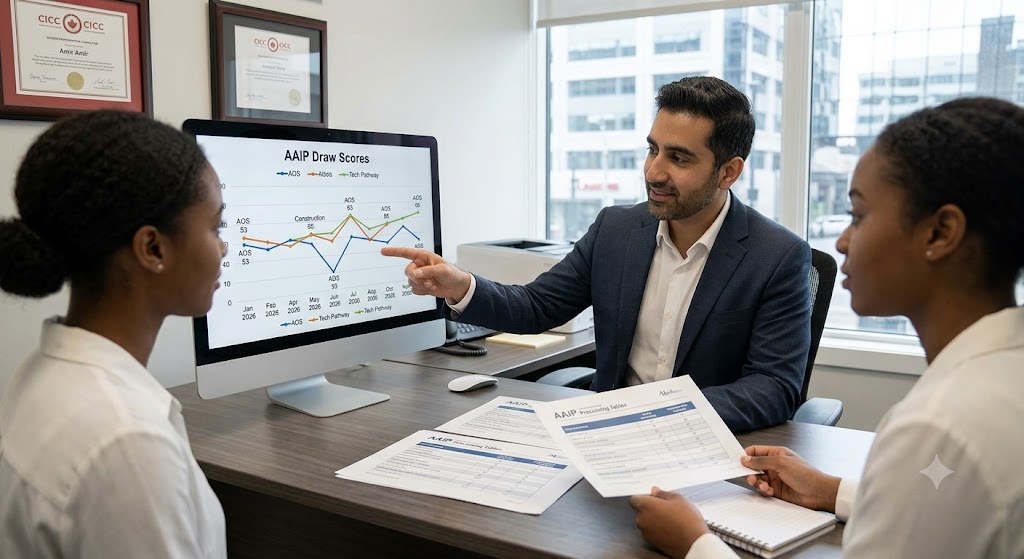A photograph of Amir, a licensed Regulated Canadian Immigration Consultant (RCIC), pointing at a line graph on his desktop monitor in a professional office. The graph, titled "AAIP Draw Scores 2026," shows fluctuating minimum scores for different immigration streams. A female client opposite him listens intently, with official processing tables spread between them.