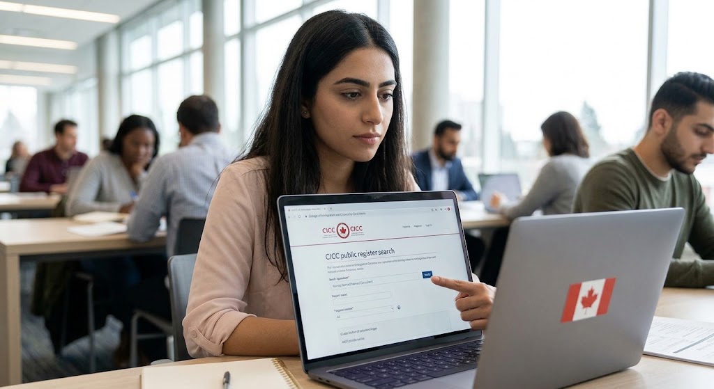 A young Iranian woman sitting in a university library, diligently using a laptop to search the College of Immigration and Citizenship Consultants (CICC) public register to verify an immigration consultant's active license status.