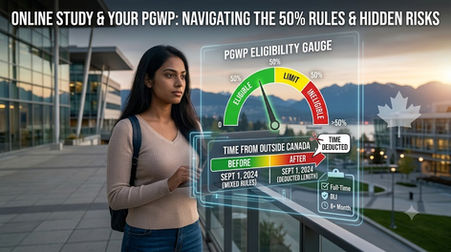 A close-up photograph of a focused female international student from India on a Canadian university campus, looking at a transparent holographic display. The display visualizes key PGWP rules: a semi-circular gauge labeled "PGWP ELIGIBILITY GAUGE" shows the green "ELIGIBLE" section, and a timeline shows the specific rules for "TIME FROM OUTSIDE CANADA" (before vs. after September 1, 2024), including a scissors icon indicating deductions. A checklist confirms full-time status and other basic requirements. Large white title text reads: "ONLINE STUDY & YOUR PGWP: NAVIGATING THE 50% RULES & HIDDEN RISKS".