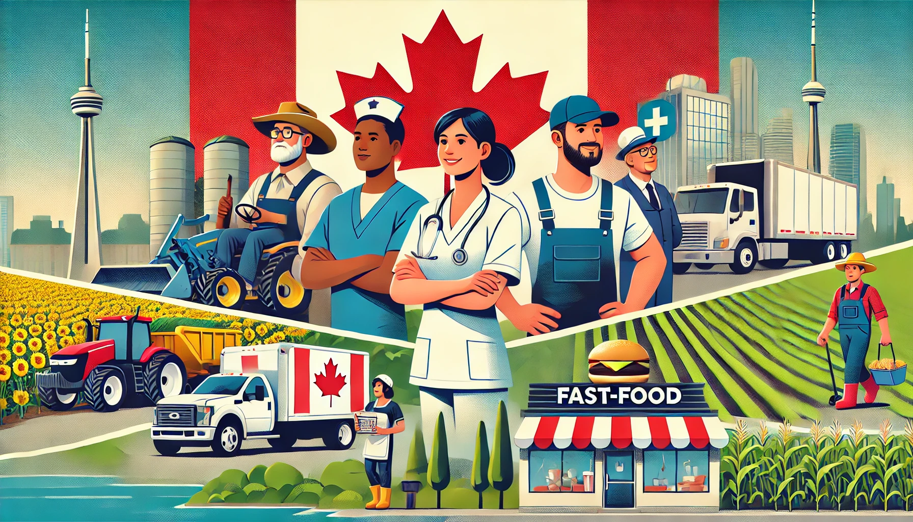 Group of workers including a nurse, farm worker, and fast-food employee in their respective environments representing the Temporary Foreign Worker Program in Canada.