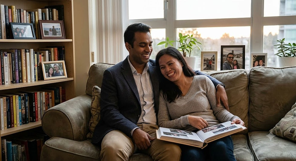 A documentary-style photo capturing the same couple from image_0.png, laughing and cuddling affectionately on a sofa in their cozy Vancouver apartment during the golden hour. Potted plants and bookshelves create a warm, genuine atmosphere.