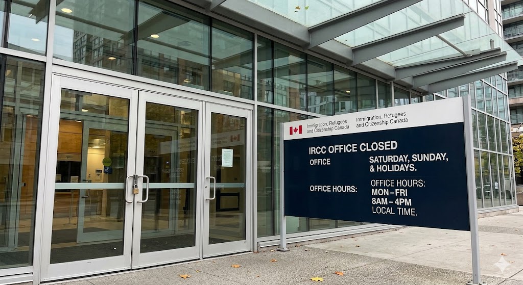 Exterior view of a locked modern building entrance. A sign on the glass reads 'IRCC OFFICE CLOSED SATURDAY, SUNDAY, & HOLIDAYS. OFFICE HOURS: MON-FRI 8AM-4PM LOCAL TIME.' A few maple leaves are visible on the ground.