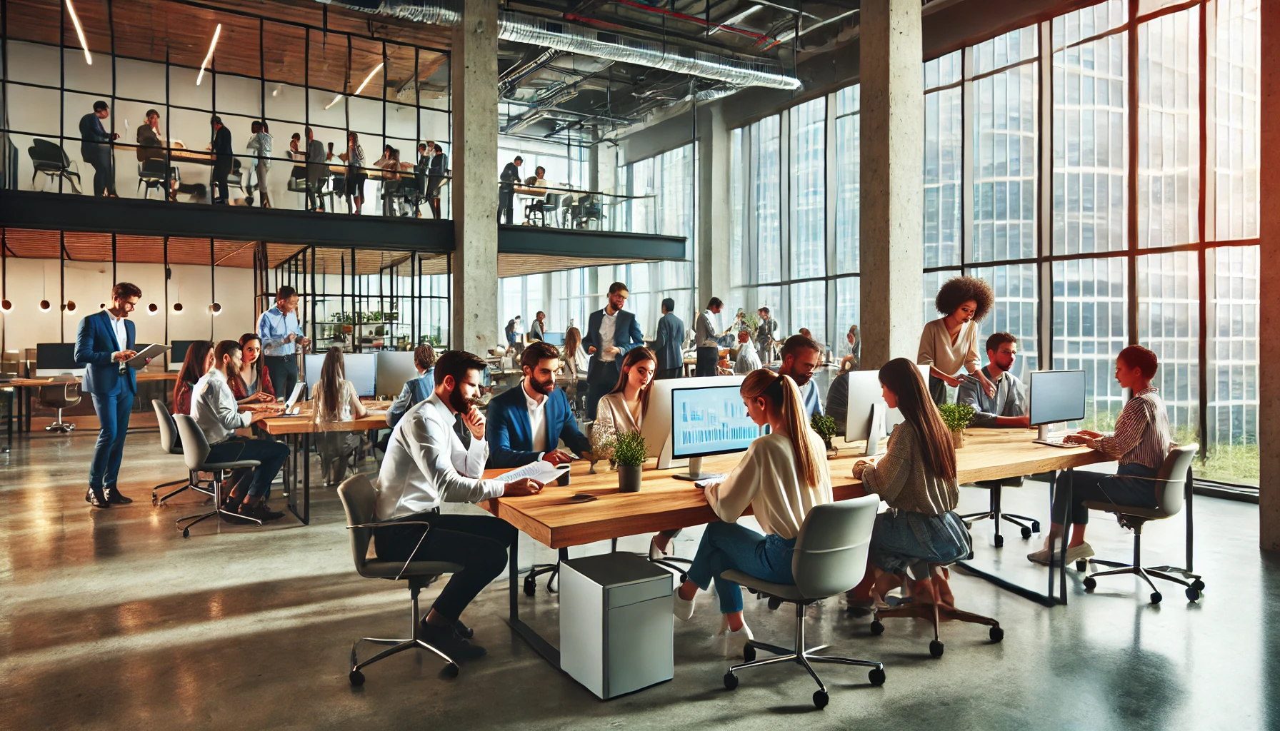 Diverse team collaborating in a modern office environment