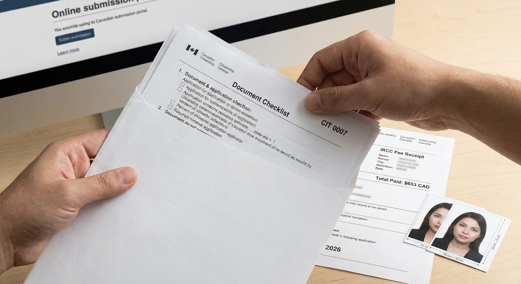 Close-up photograph showing a hand placing the completed Canadian citizenship application package into an envelope, flanked by a 2026 fee receipt showing $653 paid, and two identical citizenship photos, with a computer monitor displaying an online portal in the blurred background.