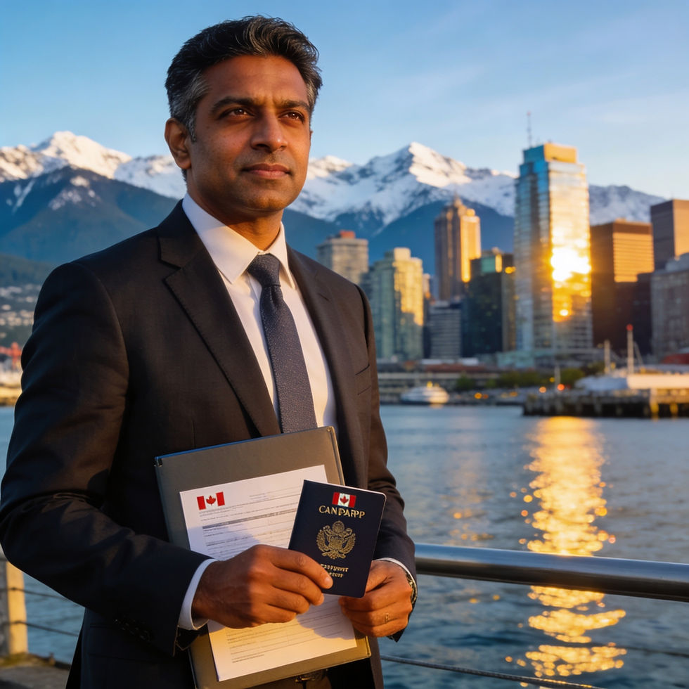 An entrepreneur standing at the Vancouver waterfront holding a Canadian passport with the downtown skyline and mountains in the background, representing BC PNP Entrepreneur Immigration in 2026