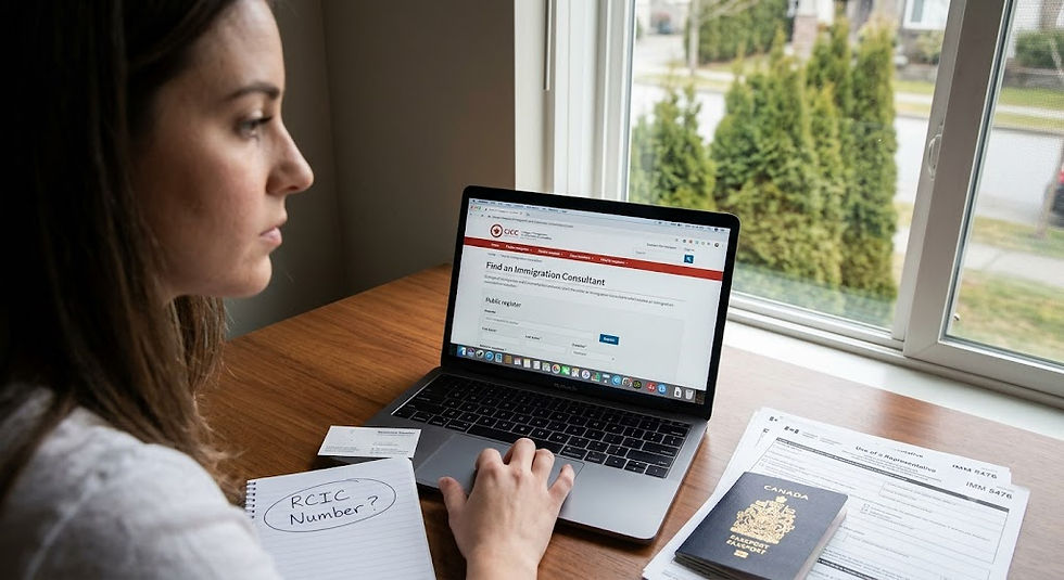 A candid, natural light photograph of an immigration applicant sitting at a home desk, intently using a laptop to search the live CICC public register to verify a consultant. Near her laptop are official IMM 5476 forms and a notebook with "RCIC Number?" written on it.