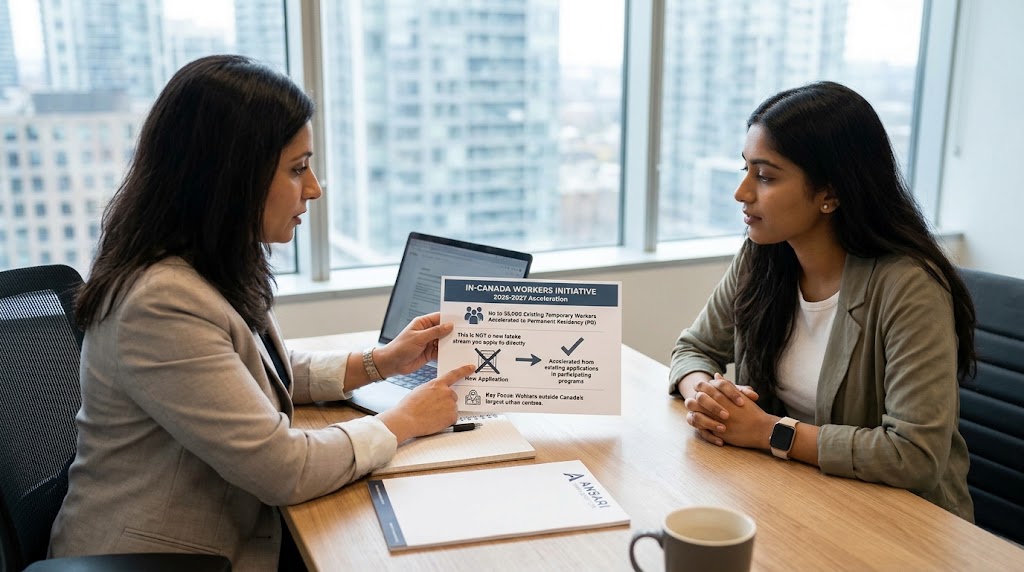 A licensed immigration consultant and a client of South Asian descent are seated at a wooden desk by a window in an office with a cityscape view, during an advisory session at Ansari Immigration. The consultant, on the left, is pointing to a printed document titled "IN-CANADA WORKERS INITIATIVE 2026-2027 Acceleration." The document displays graphics explaining that up to 33,000 existing temporary workers will be accelerated to permanent residency, and specifies "This is NOT a new intake stream you apply to directly," illustrating with a crossed-out "New Application" icon next to an arrow indicating acceleration from existing applications. The client, on the right, listens attentively. An open laptop, a coffee mug, and an "ANSARI" branded notepad are on the desk.