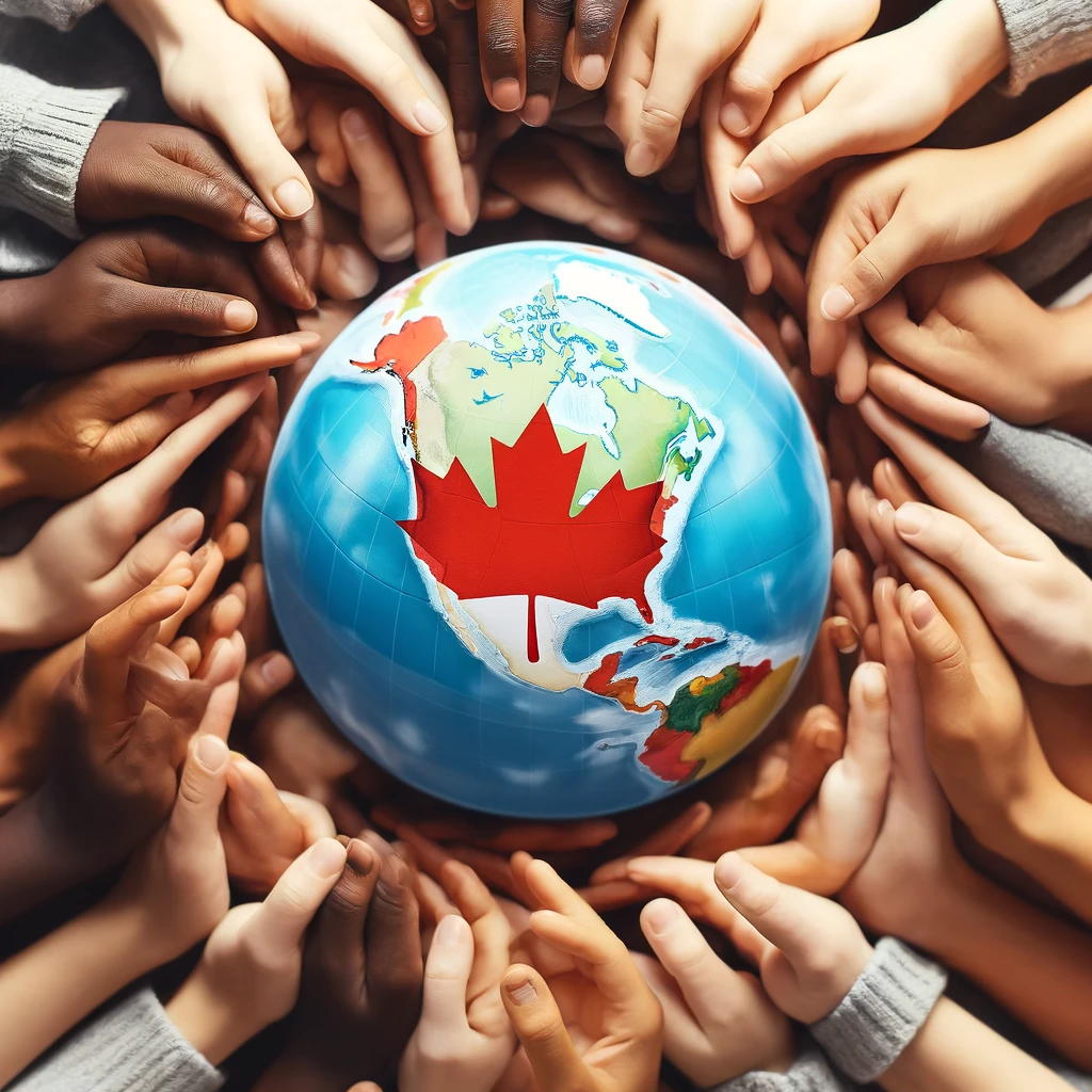 Hands of varying skin tones united above a globe focused on Canada, symbolizing global unity and the journey to Canada.