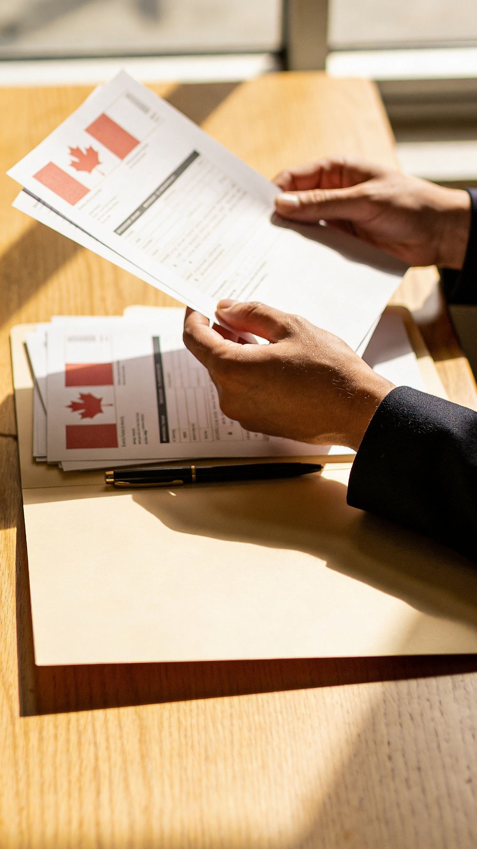 Hands organizing immigration documents and papers on a wooden desk with a pen and manila folder in soft natural light