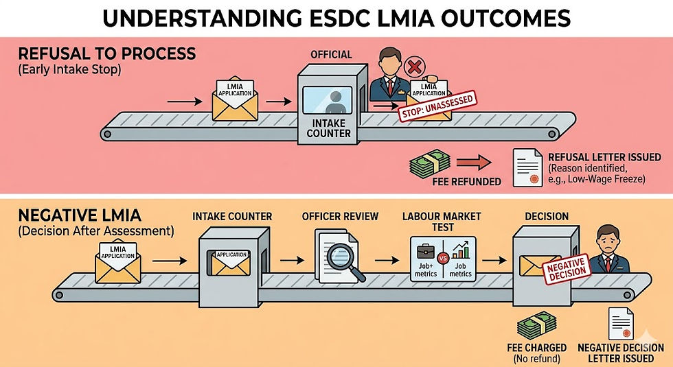 An informational infographic diagram titled 'UNDERSTANDING ESDC LMIA OUTCOMES'. The infographic uses two conveyor belt assembly lines to illustrate the differences between a 'Refusal to Process' and a 'Negative LMIA'. The top panel, 'REFUSAL TO PROCESS (Early Intake Stop)', shows an LMIA application being stamped 'STOP: UNASSESSED' shortly after intake, resulting in a fee refund and a refusal letter specifying the reason (e.g., Low-Wage Freeze). The bottom panel, 'NEGATIVE LMIA (Decision After Assessment)', shows the full application pathway—Intake Counter, Officer Review, and Labour Market Test—before receiving a 'NEGATIVE DECISION' stamp, resulting in fees being charged and a formal negative decision letter.