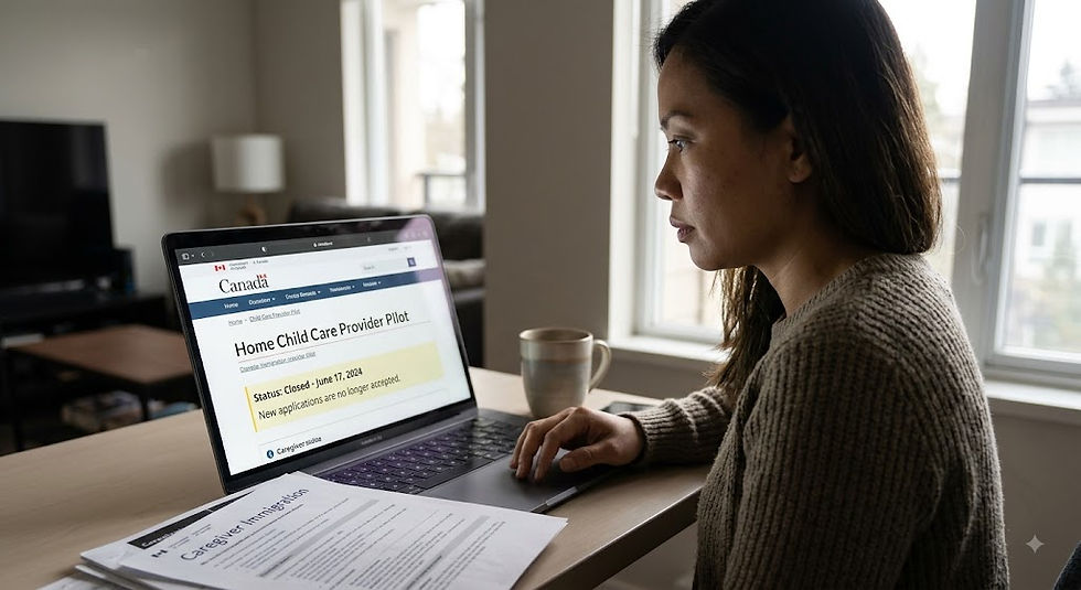 A close-up photograph of a woman in her 30s viewing an official government website on a laptop screen that is clearly labeled, "Status: Closed - June 17, 2024. New applications are no longer accepted.