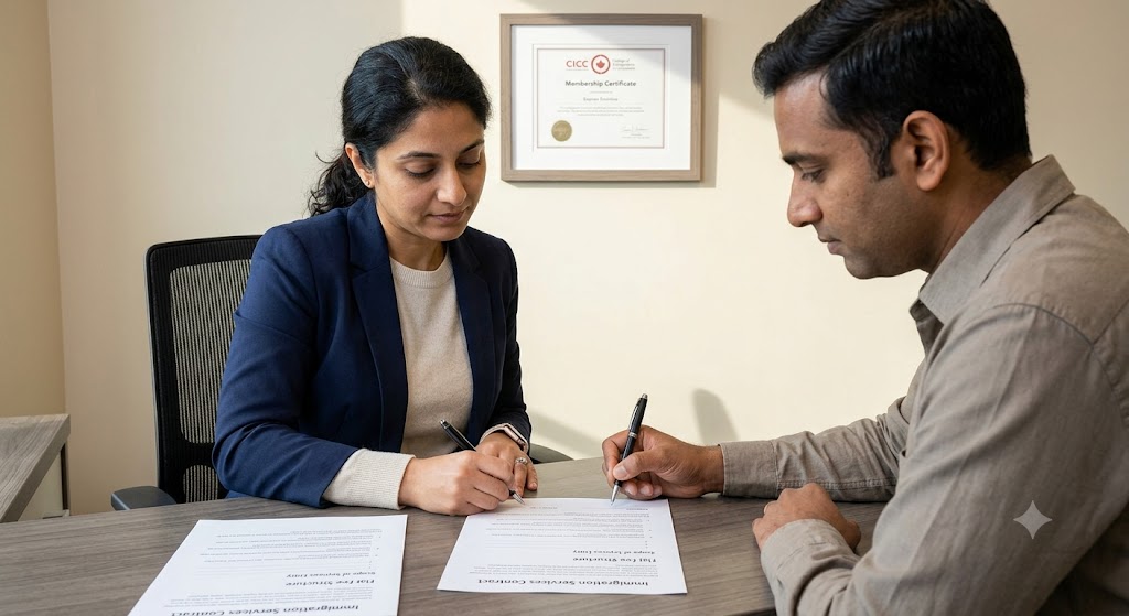 In a professional and cooperative atmosphere, a female immigration consultant and a male client of South Asian descent are both seated at a desk, simultaneously signing a formal "Immigration Services Contract." A framed College of Immigration and Citizenship Consultants (CICC) membership certificate hangs on the wall behind the consultant.