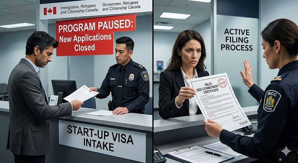 This image visually separates applicants into the two groups defined by IRCC: those with a valid 2025 certificate (who can file) and everyone else (for whom the program is closed). In a split-view government office setting, the left panel shows an applicant being stopped by a clear "PROGRAM PAUSED: New Applications Closed" sign. The right panel shows a successful applicant, holding the identical stamped "VALID 2025 COMMITMENT CERTIFICATE" from Image 1, being waved forward into the "ACTIVE FILING PROCESS" area.