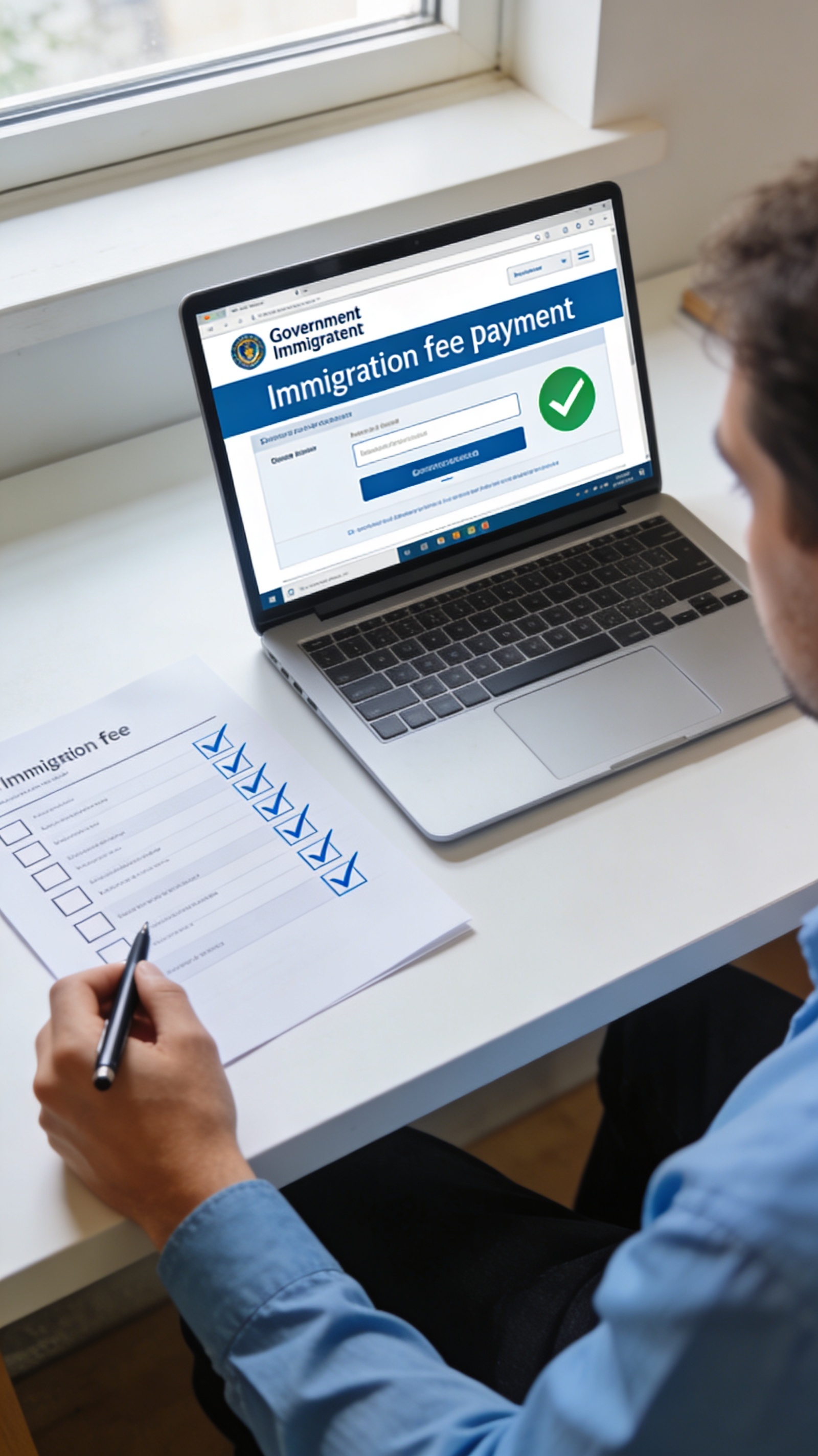 Person sitting at a desk completing an online PR fee payment checklist on a laptop before the April 30 2026 IRCC fee increase deadline