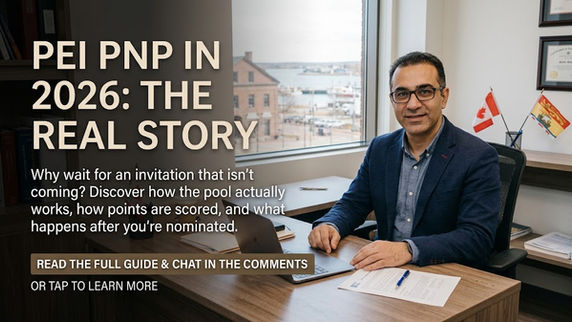 A blog cover photo featuring a licensed immigration consultant, Amir Ansari, sitting at his office desk in Prince Edward Island, smiling welcomingly at the camera. He is in a navy blazer and glasses, seated before a laptop and paperwork, with small Canadian and PEI flags on the desk and a large window behind him overlooking a historic brick waterfront. The left side of the image has a dark, semi-transparent overlay with large, prominent text: "PEI PNP IN 2026: THE REAL STORY." Below it is a brief blurb: "Why wait for an invitation that isn't coming? Discover how the pool actually works, how points are scored, and what happens after you're nominated." At the bottom are calls to action in smaller font: a brown-button-style "READ THE FULL GUIDE & CHAT IN THE COMMENTS" and "OR TAP TO LEARN MORE.